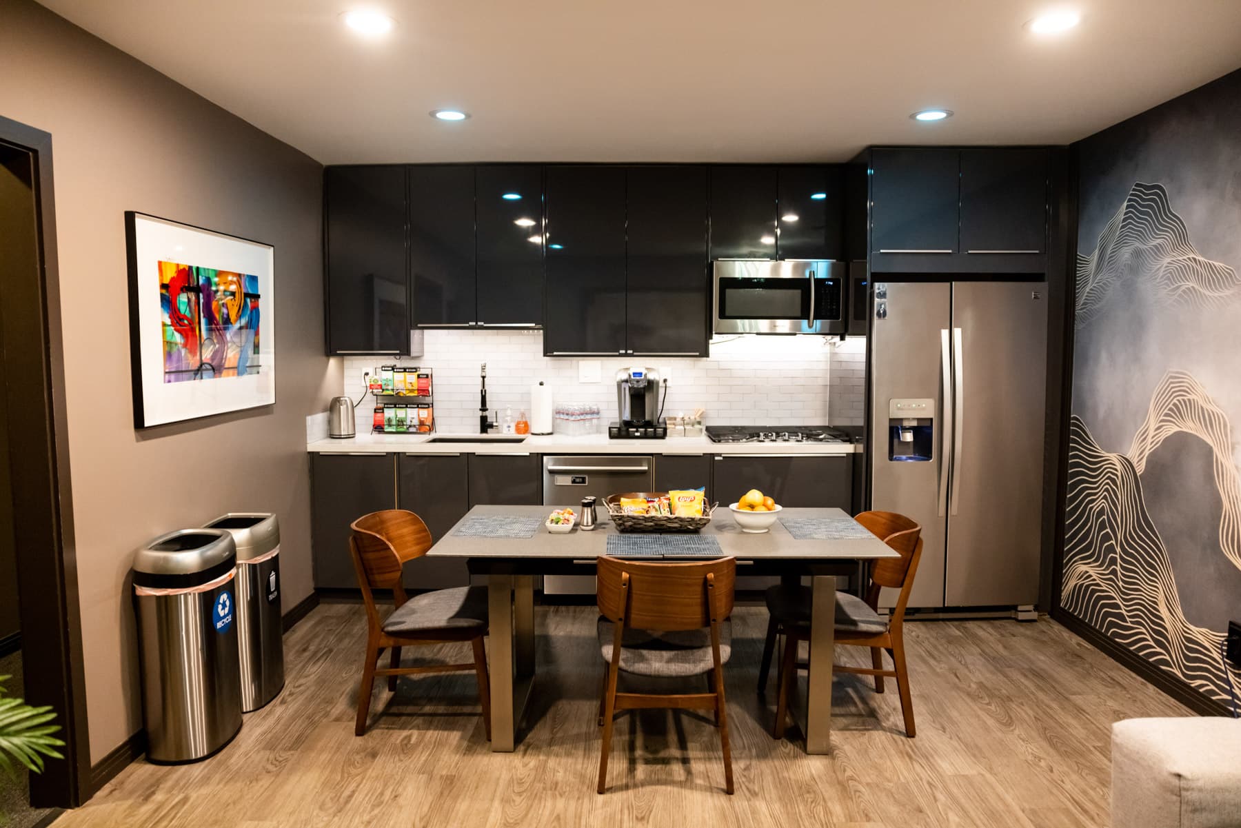 The shared kitchen at Clear Lake — coffee, snacks, and seating for the team.