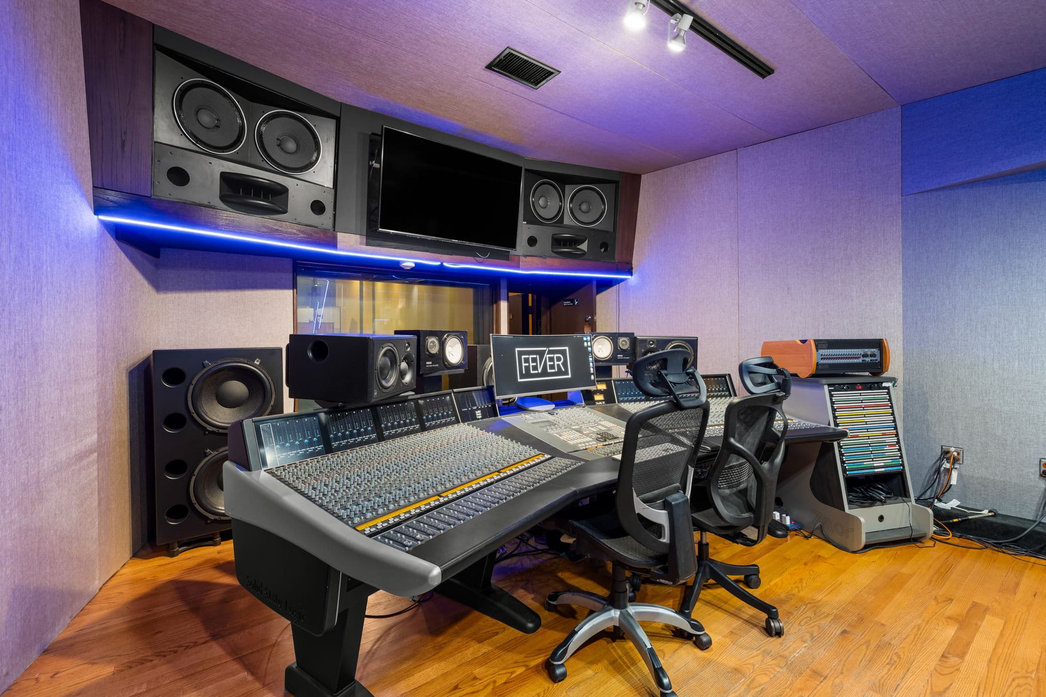 Fever Recording — Studio 1 control room with FEVER monitor logo