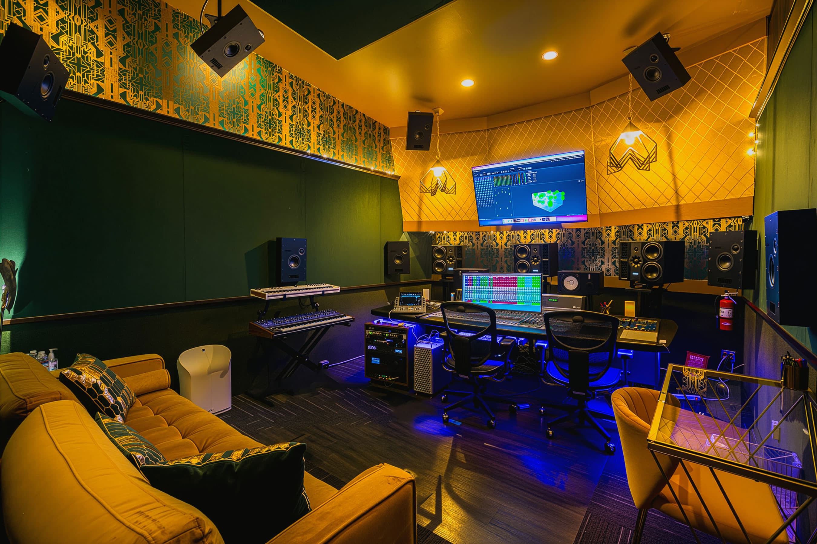 Studio B in its current Dolby Atmos 9.1.4 configuration — D-Command console with PMC speaker array.